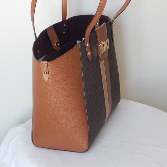 MICHAEL KORS KARLIE Monogram Center Stripes Studs Brown Multi Large Tote Bag NWT - Picture 3 of 12